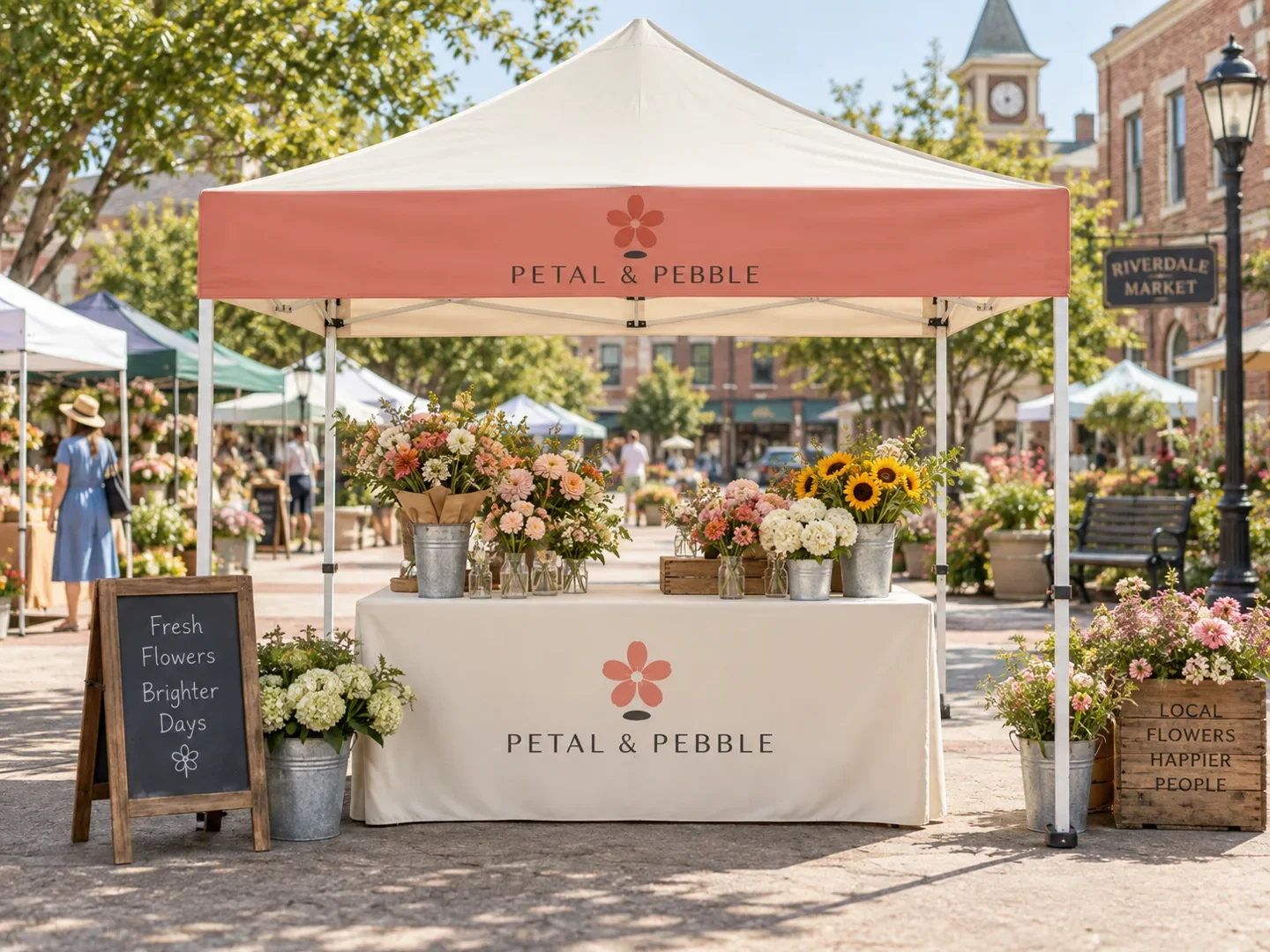 Petal & Pebble illustrative event setup: Blush canopy + fitted table cover