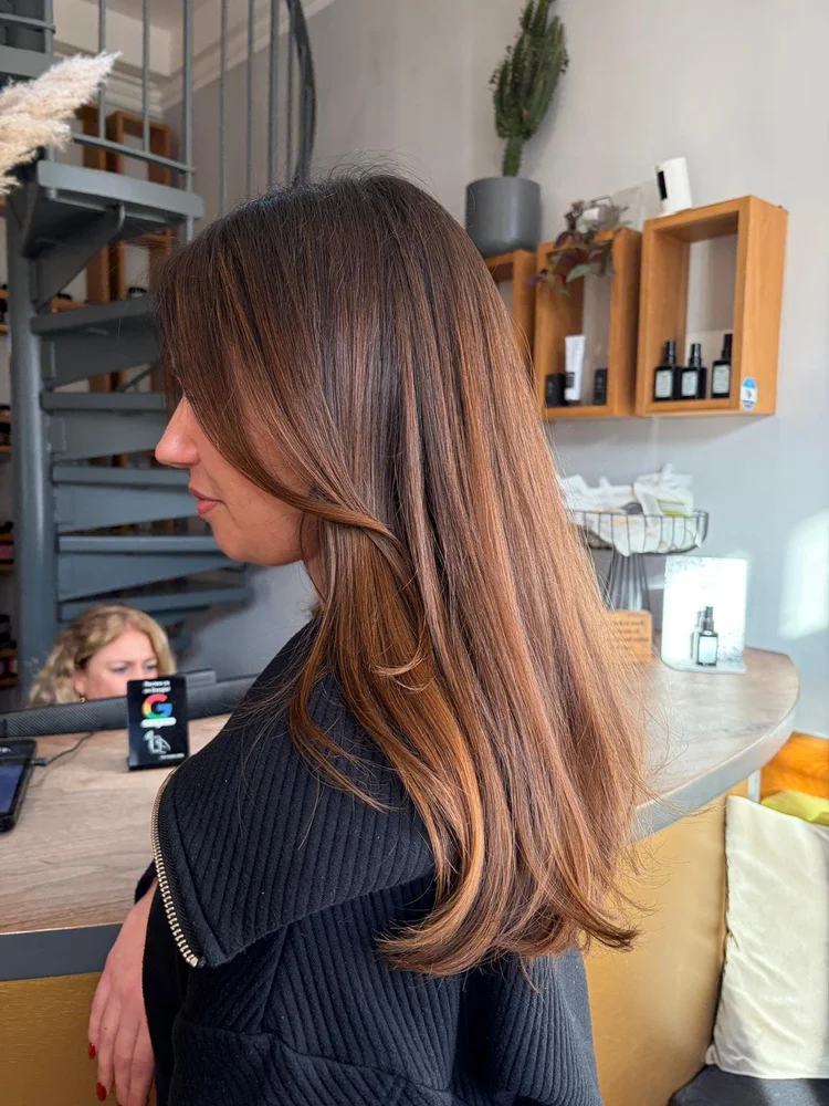 Soft brunette balayage with warm caramel lengths by Creative Director Lauren at Bonomini, Clifton, Bristol