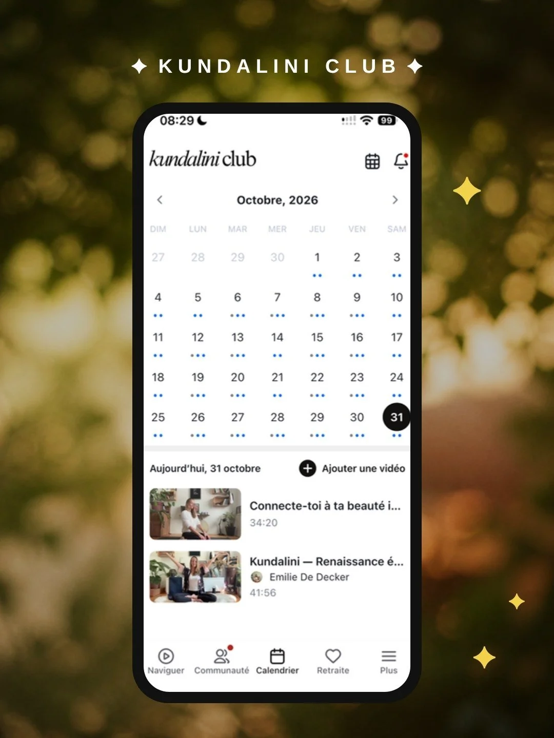 Le calendrier de l'app Kundalini Club