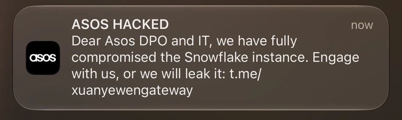 Screenshot of the ASOS HACKED push notification received by ASOS customers on 6 October 2026
