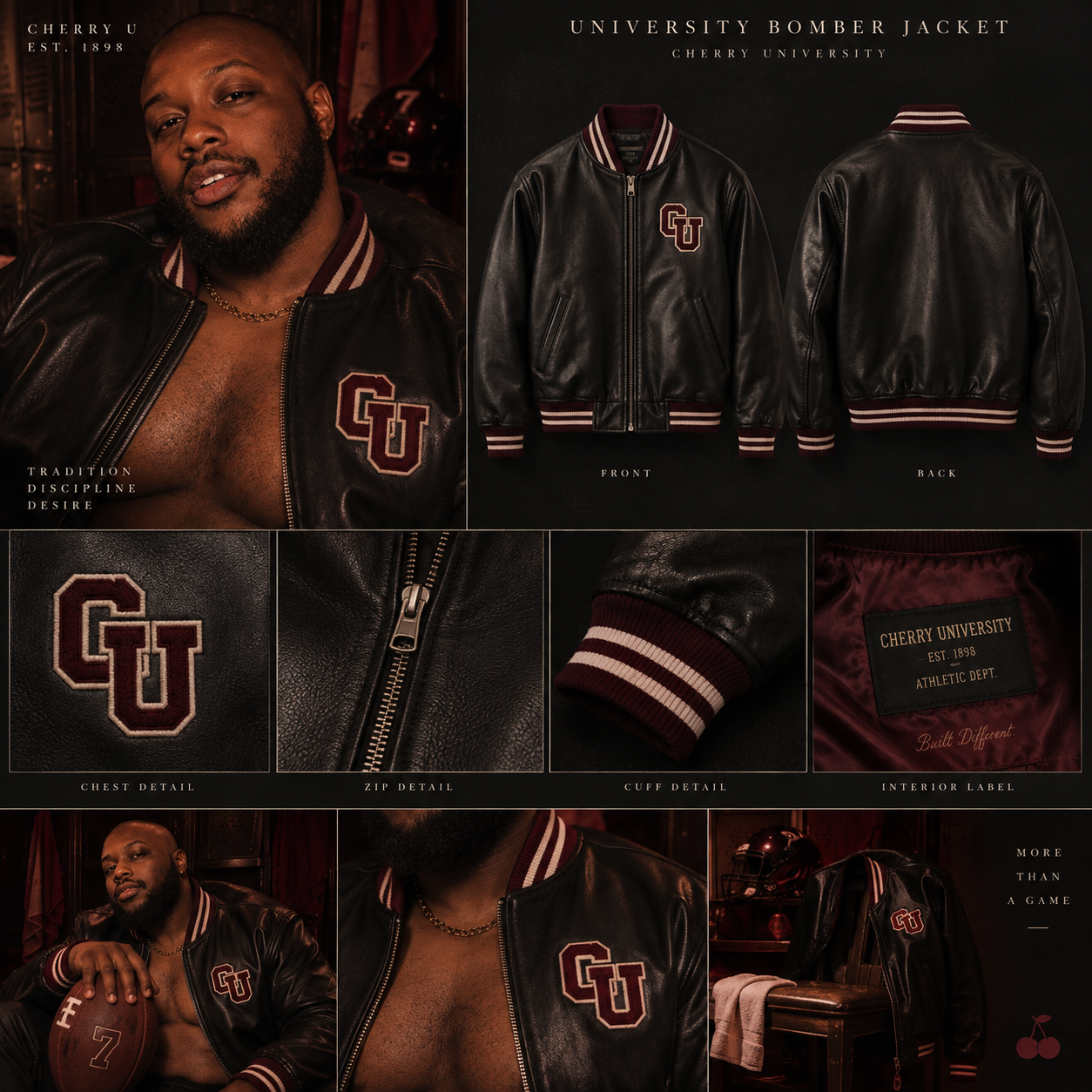 Cherry U university bomber jacket: Carmine wearing it, front and back views, and close-up details