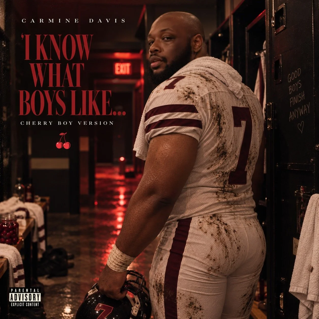 I Know What Boys Like… Cherry Boy Version single artwork, Carmine in a football uniform by the lockers