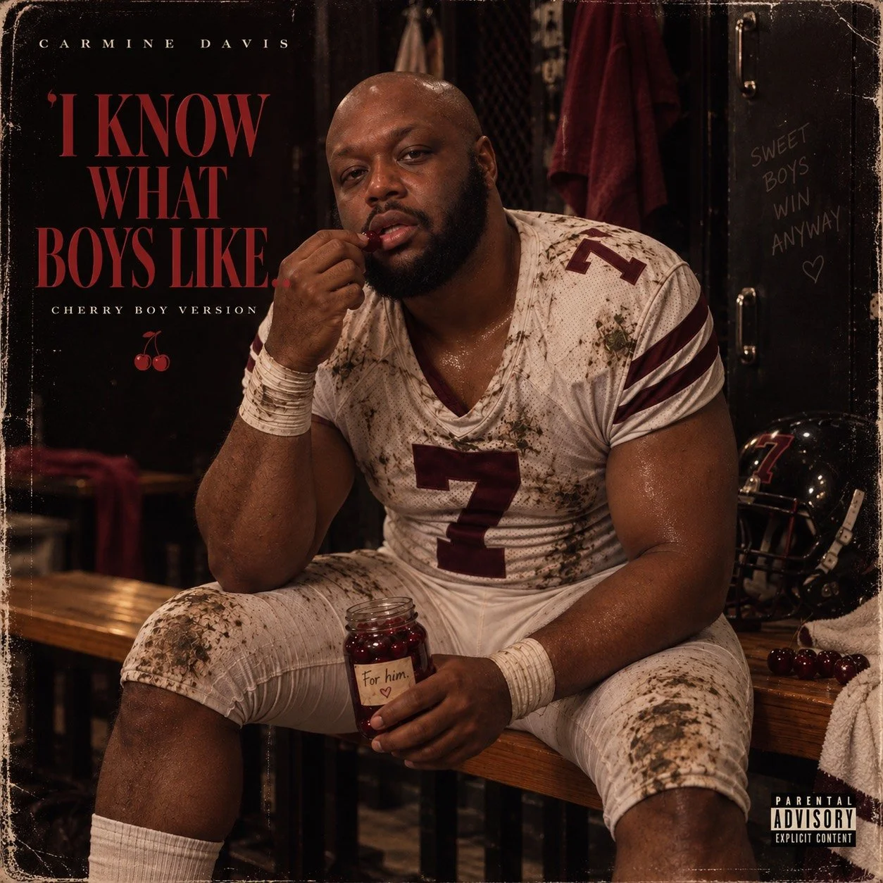 Cherry Boy Version single artwork: Carmine seated with a jar of cherries