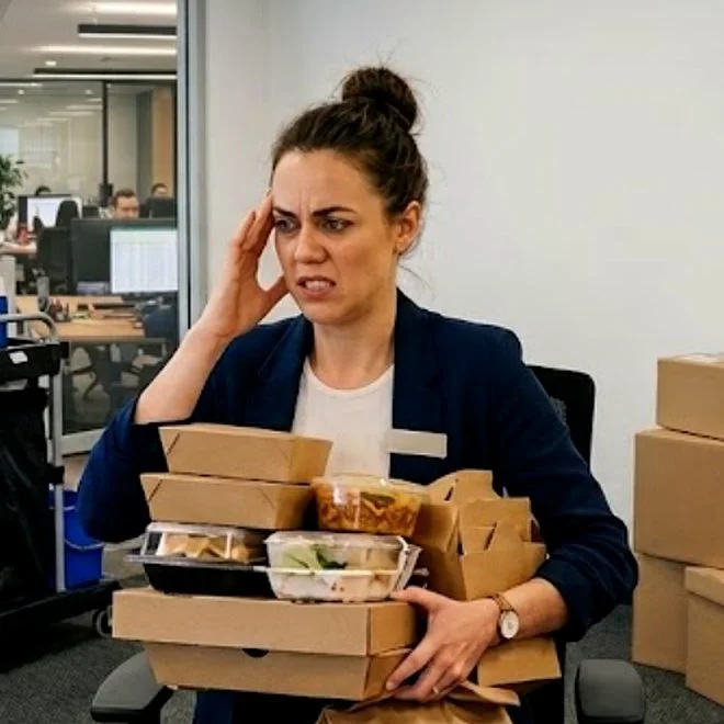 Mitarbeiterin mit einem Stapel Take-away-Boxen am Arbeitsplatz