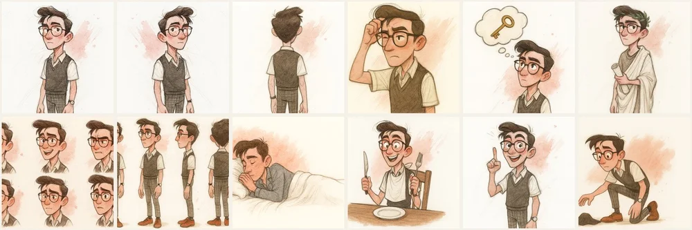 Grid of Artie training drawings