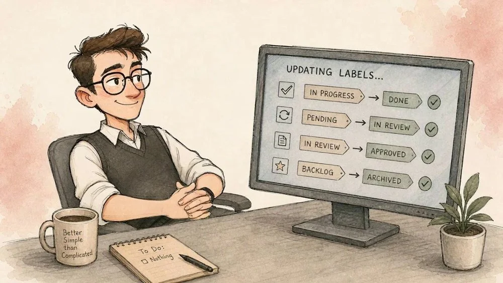Artie at his desk updating labels