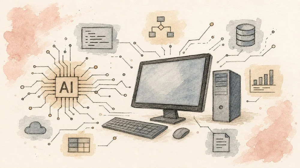 Illustration of an AI chip with circuit lines running to a computer, a database, charts, and documents