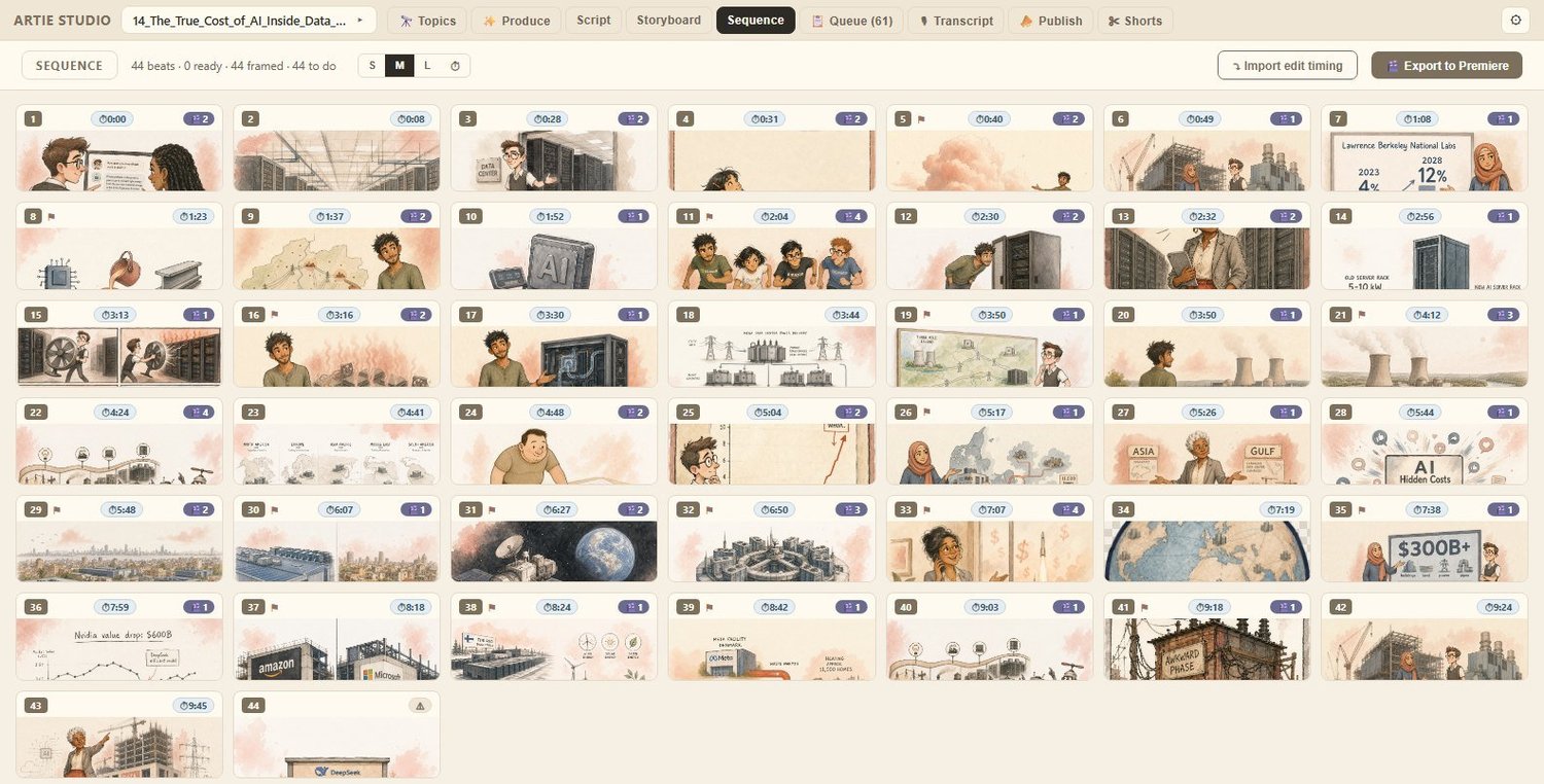 Artie Studio sequence view: every beat of an episode laid out as illustrated panels