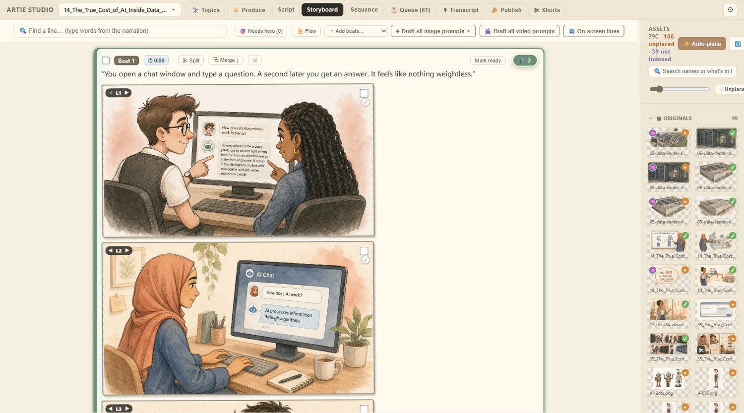 Artie Studio storyboard view: narration lines paired with illustrated frames