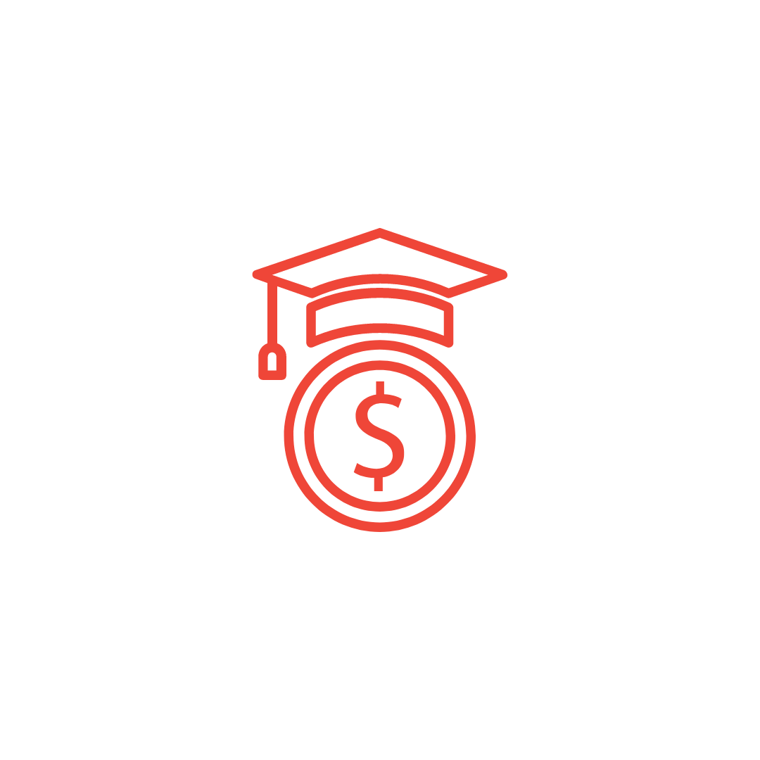 Red line art of a coin and mortarboard.