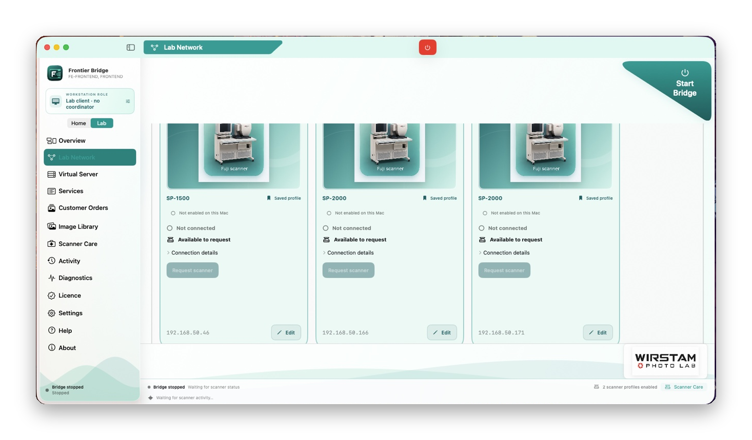 FrontierBridge Lab Network showing clients and scanners