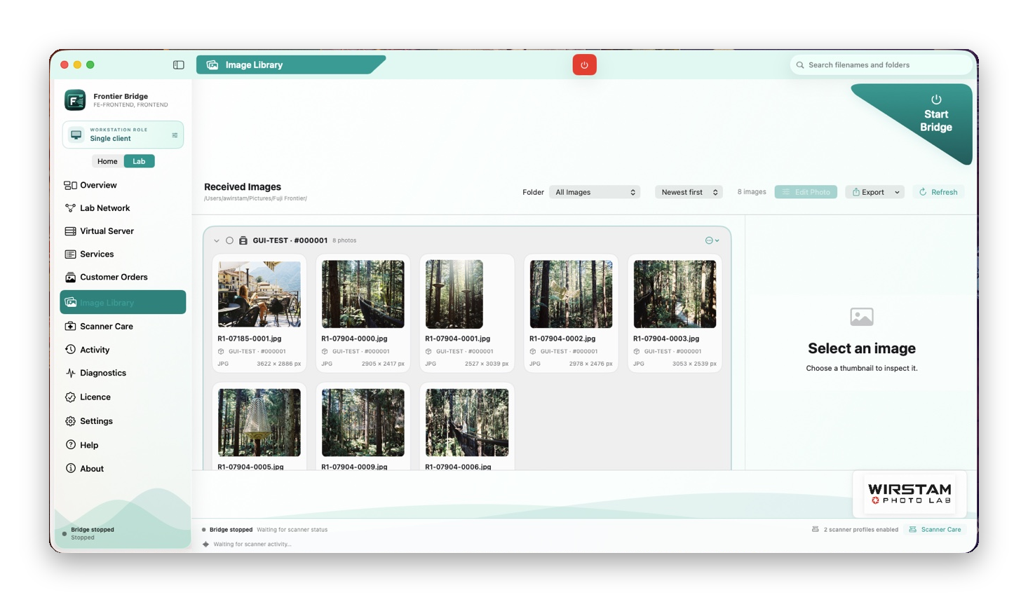 FrontierBridge Image Library showing received film scans