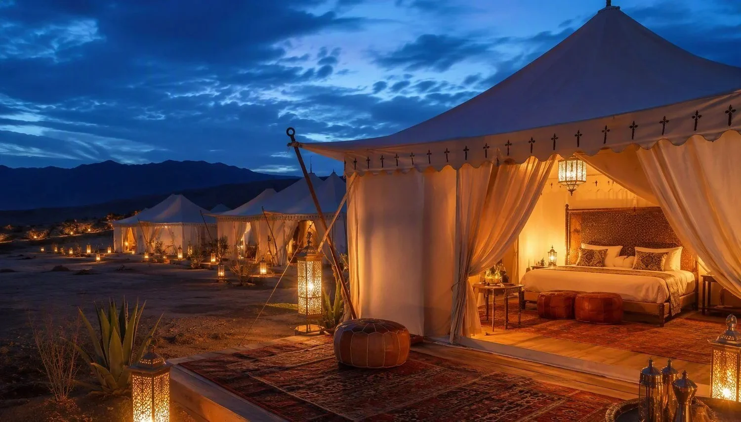 White canvas glamping tents lit by lanterns in the desert at dusk