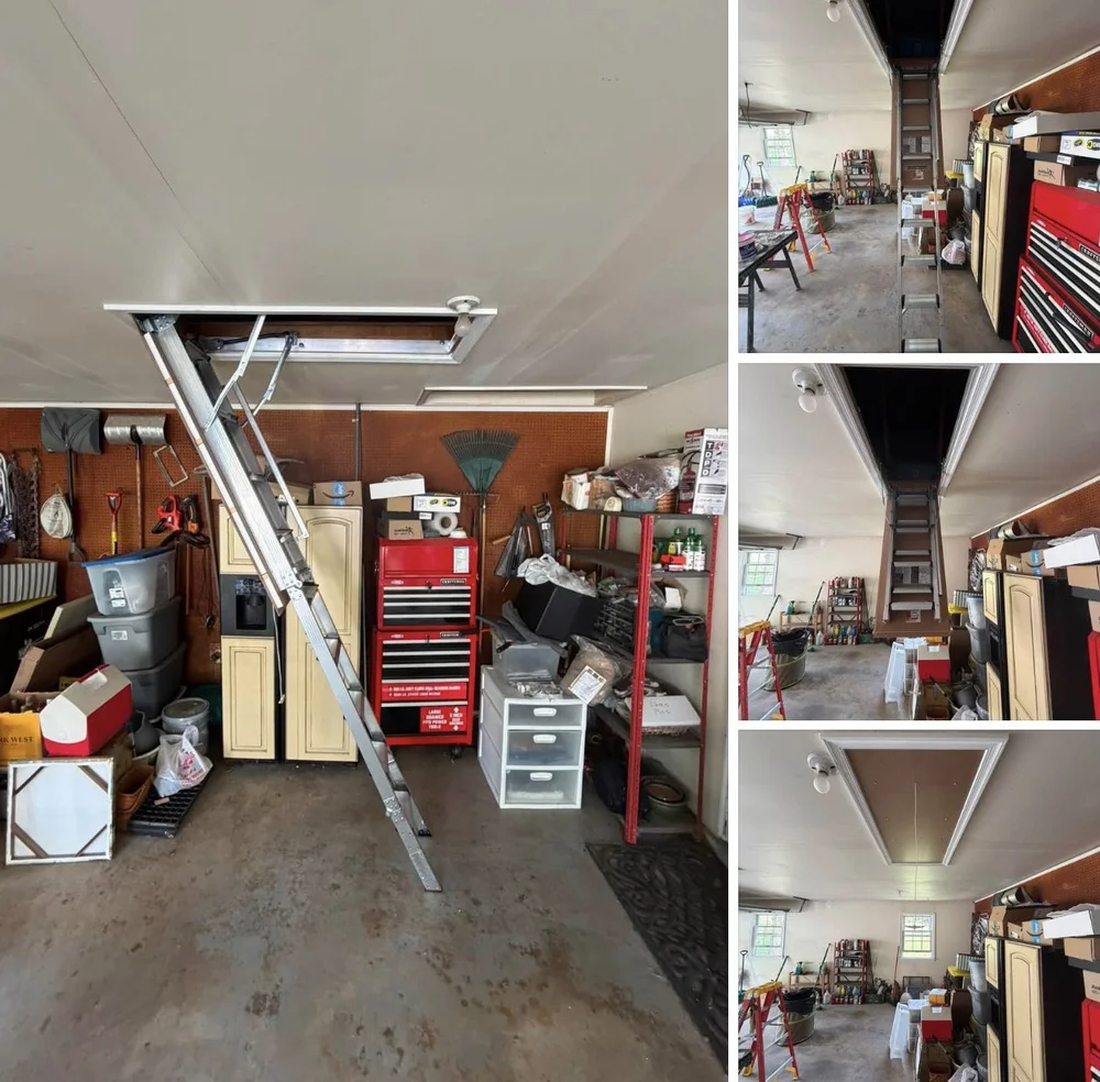 Completed garage attic ladder shown open, folded, and closed