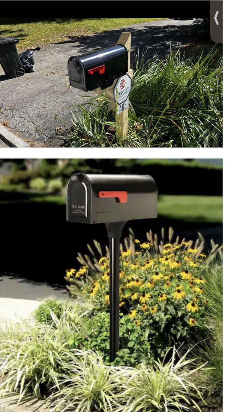 Two completed mailbox installations, one on a wood post and one on a black post