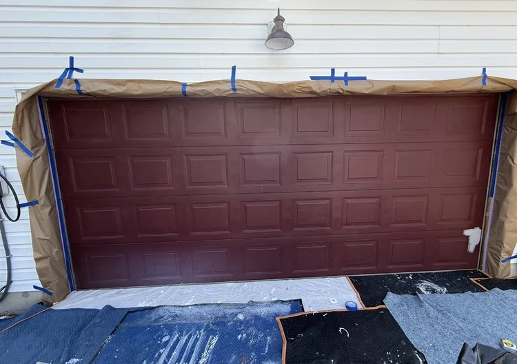 Garage door during repainting preparation