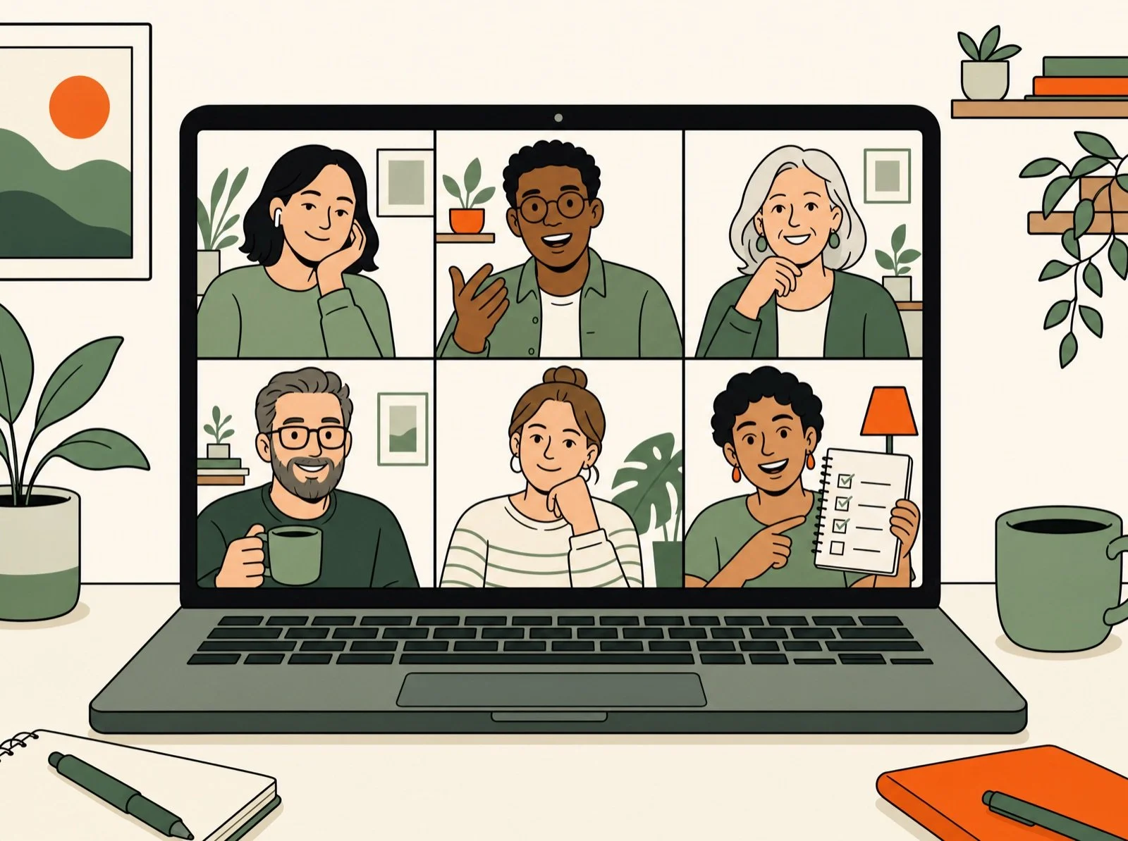 Illustration of a friendly video call with six adults in a virtual ADHD group