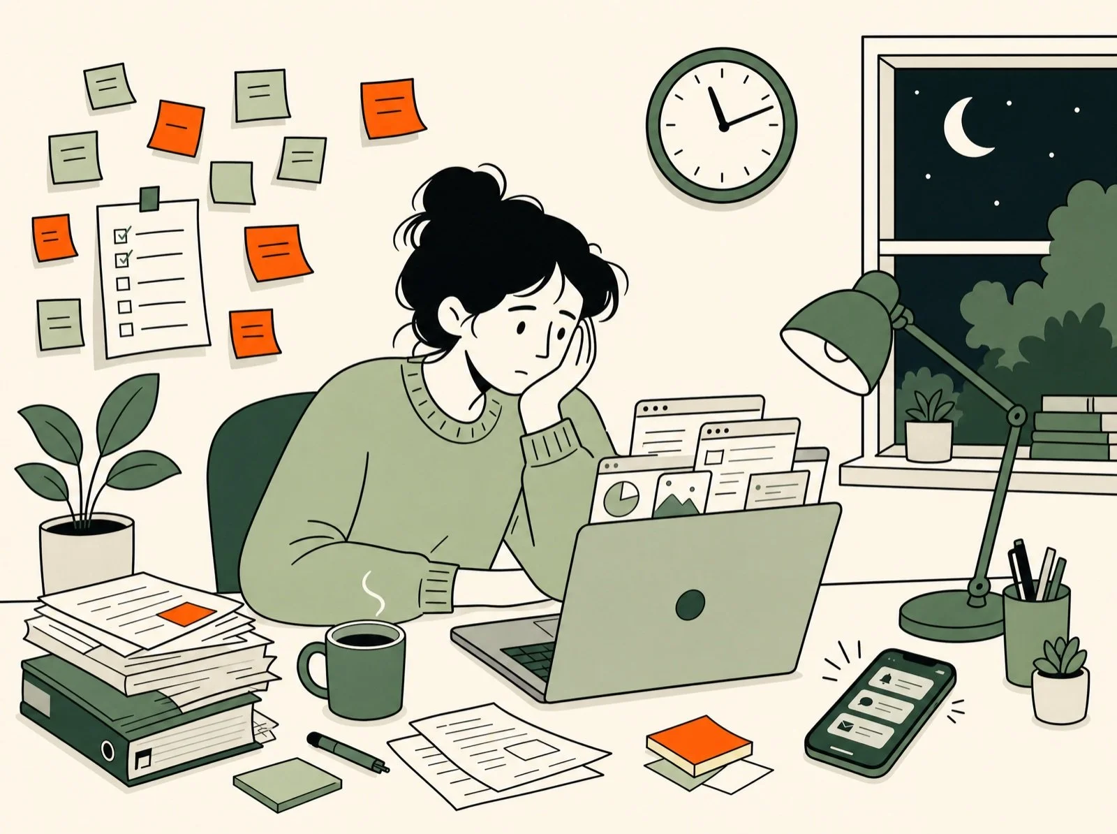 Illustration of an adult alone at a cluttered desk covered in sticky notes