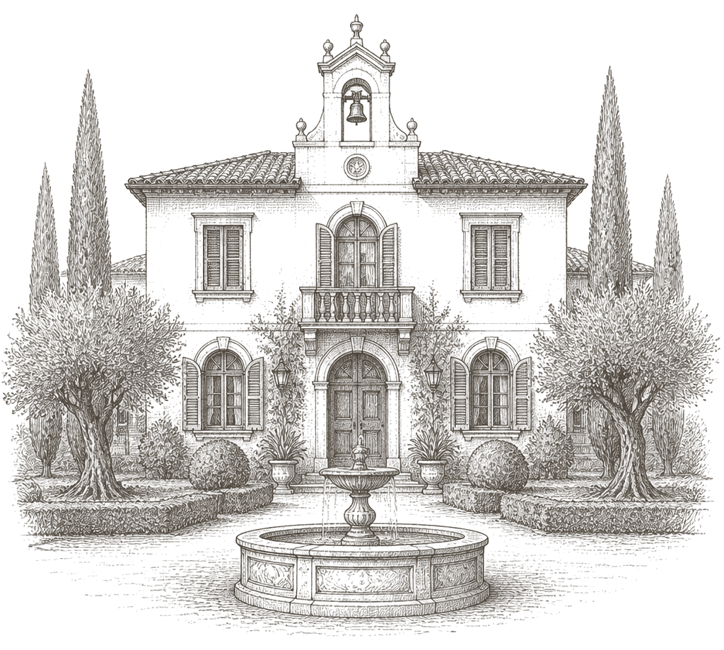 Engraved ink illustration of the villa with its fountain, olive trees and cypresses