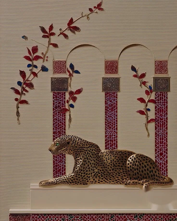 Leopard resting beneath a gilded arcade