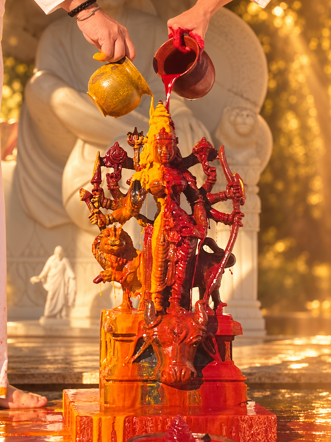 Sacred liquids being poured over the Durga statue
