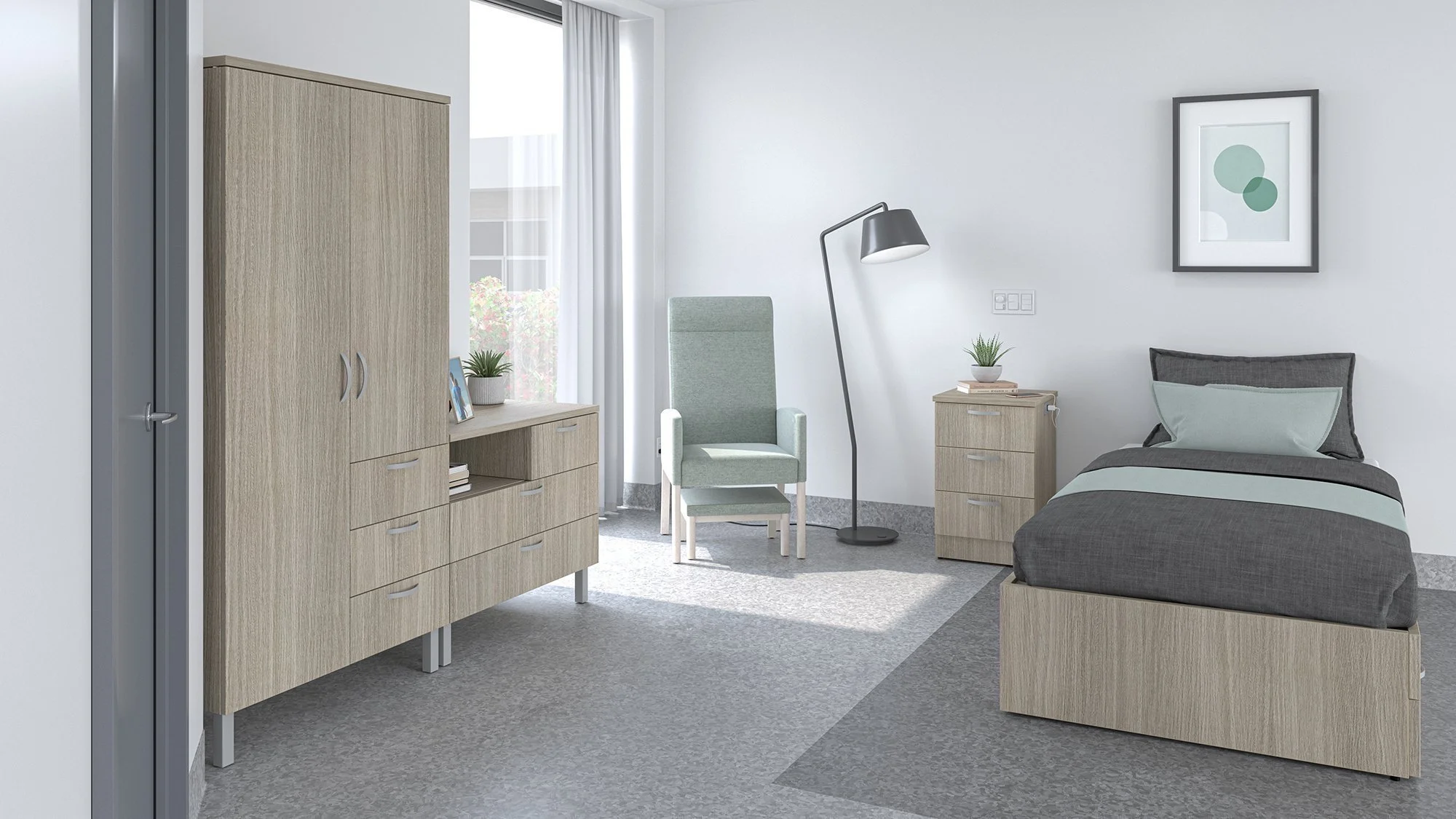 Healthcare patient room furniture setting