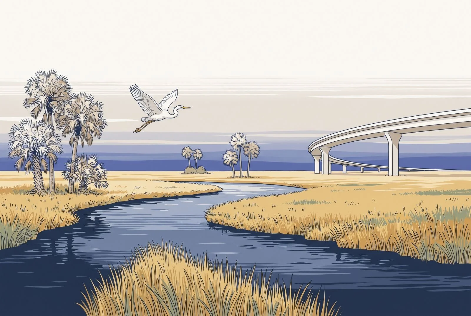 Illustration of Everglades sawgrass, a canal, an egret in flight and a curving expressway