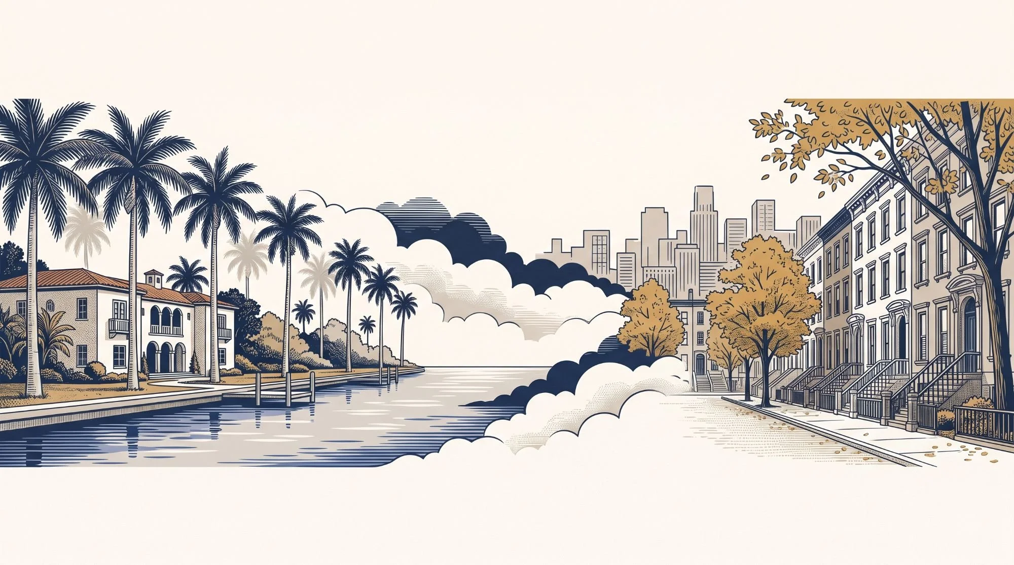 Illustration of a South Florida waterway with palms blending into a New York brownstone street