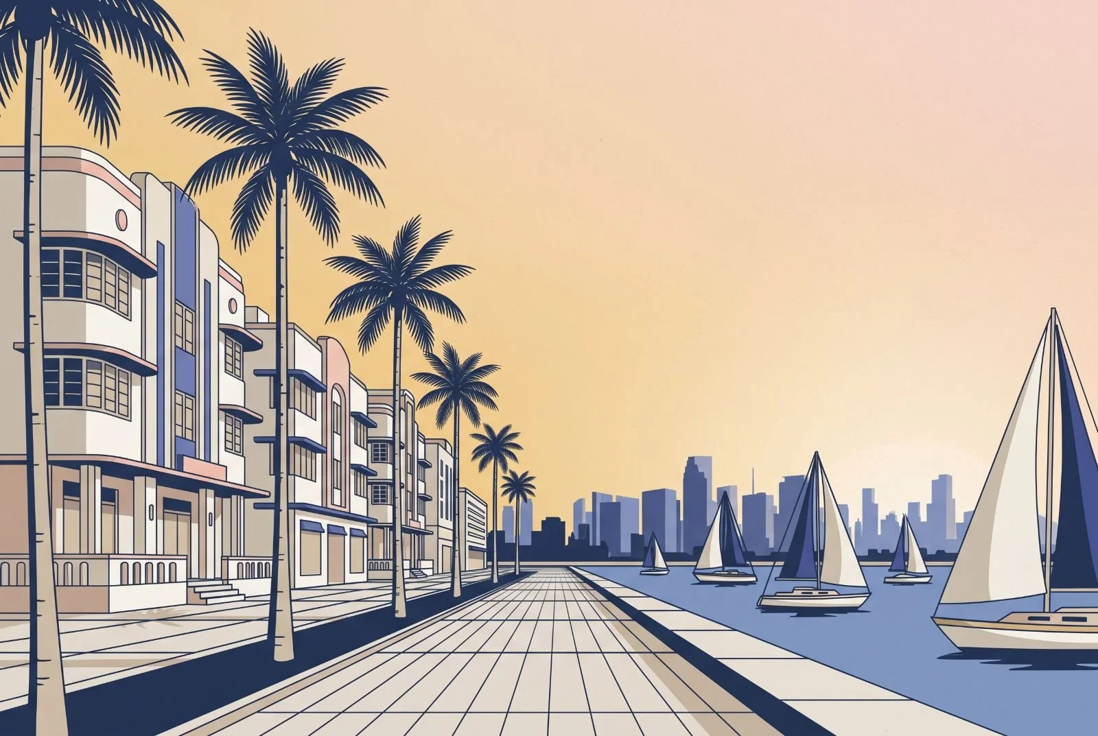 Illustration of an Art Deco style bayfront promenade with palms and sailboats