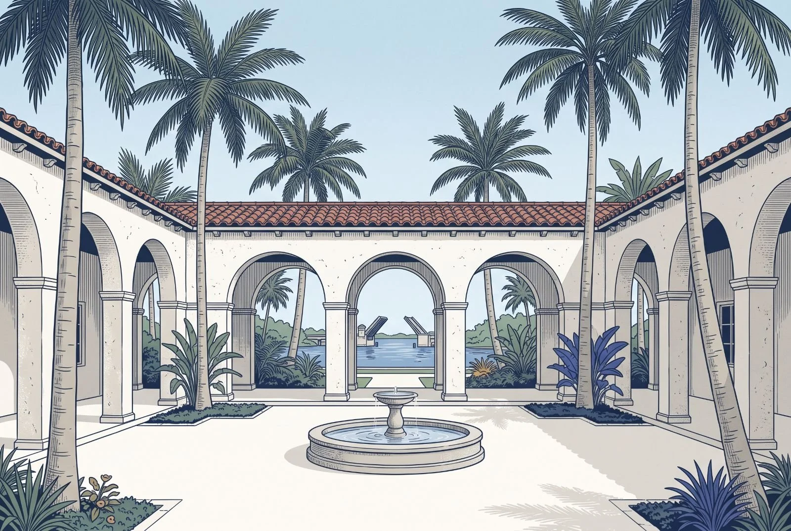 Illustration of a Mediterranean-style courtyard with palms and a fountain, Intracoastal waterway beyond