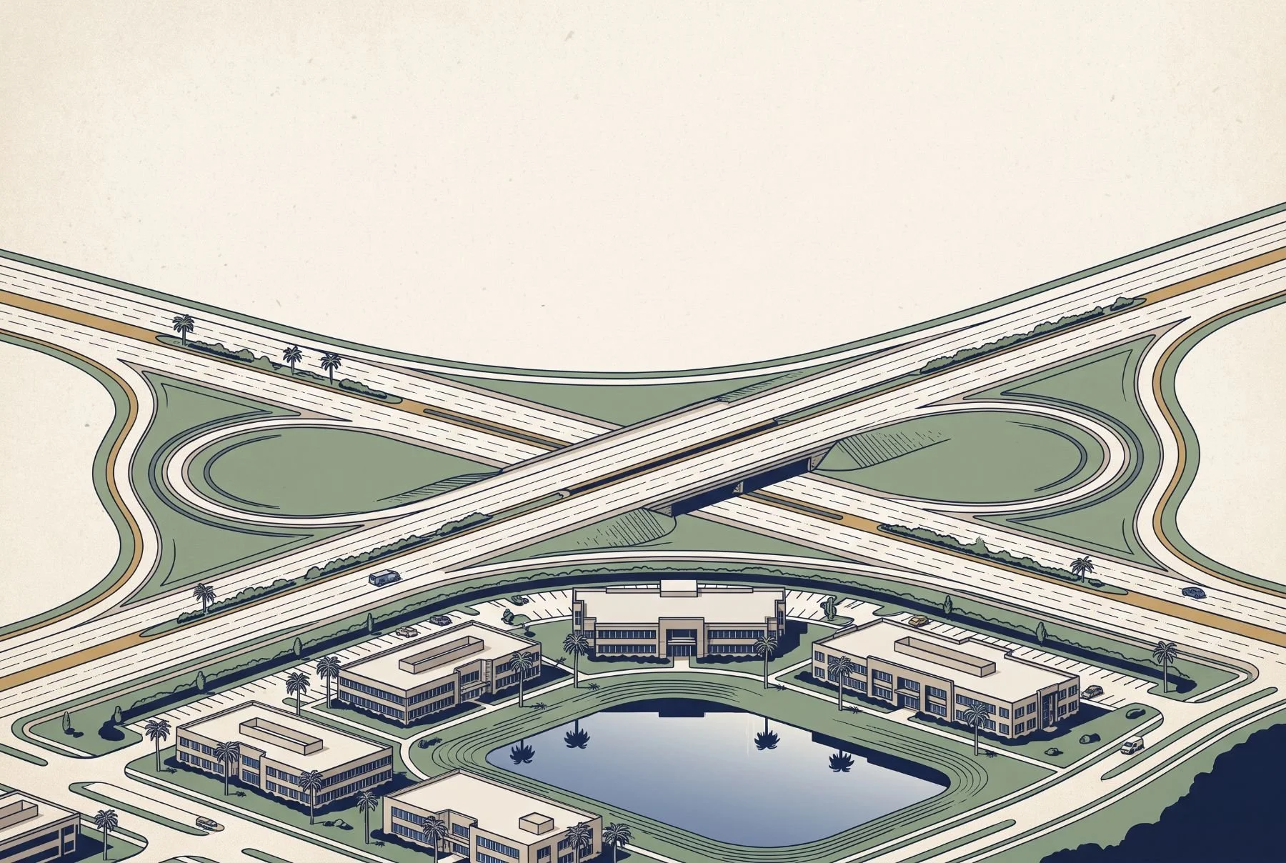 Illustration of a highway interchange beside a low-rise office park with palms and a small lake