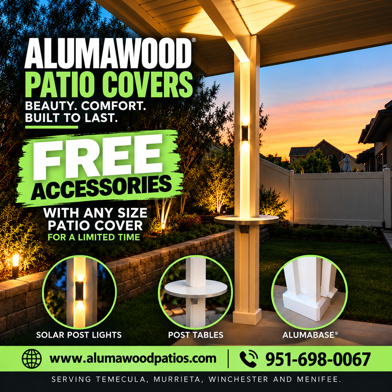 Free accessories with any size Alumawood patio cover: solar post lights, post tables and AlumaBase