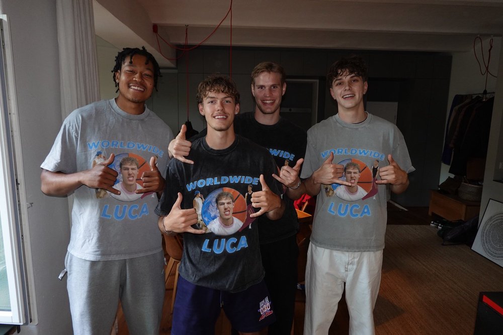 Luca and friends wearing WorldWideLuca shirts