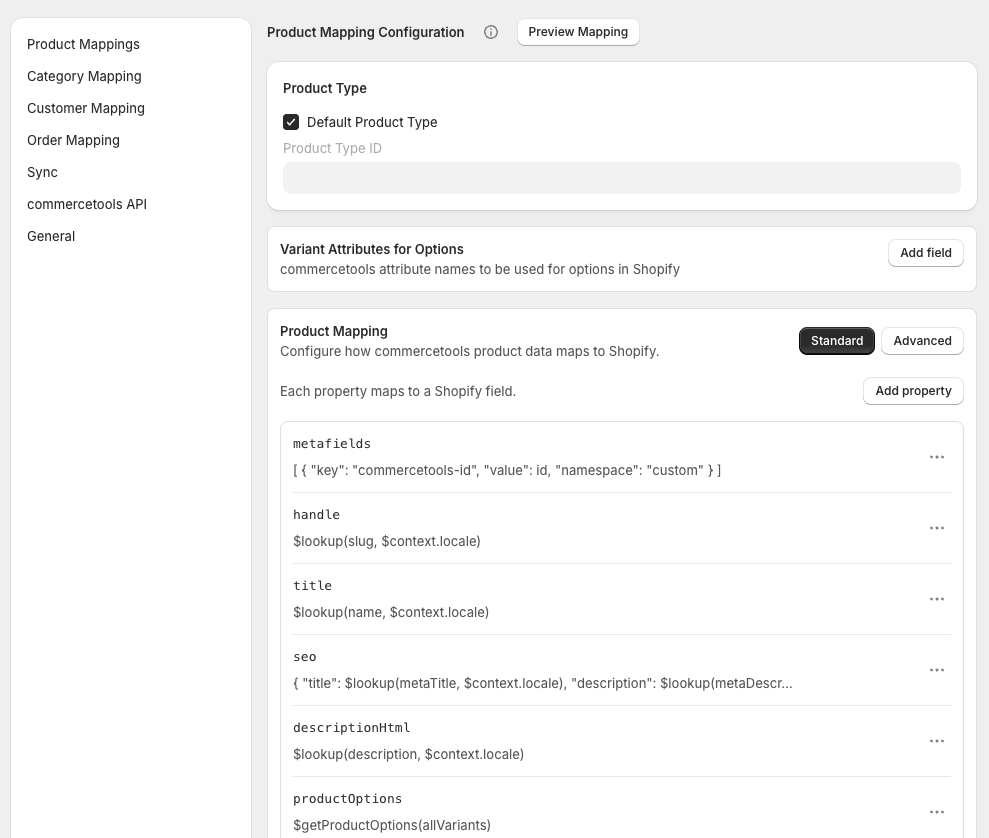 Default product mapping