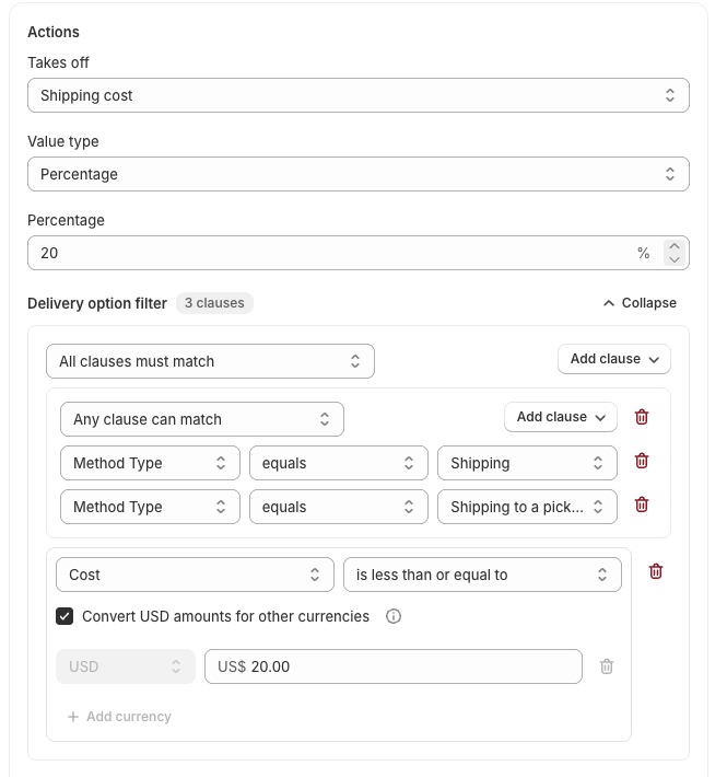 Delivery option filter