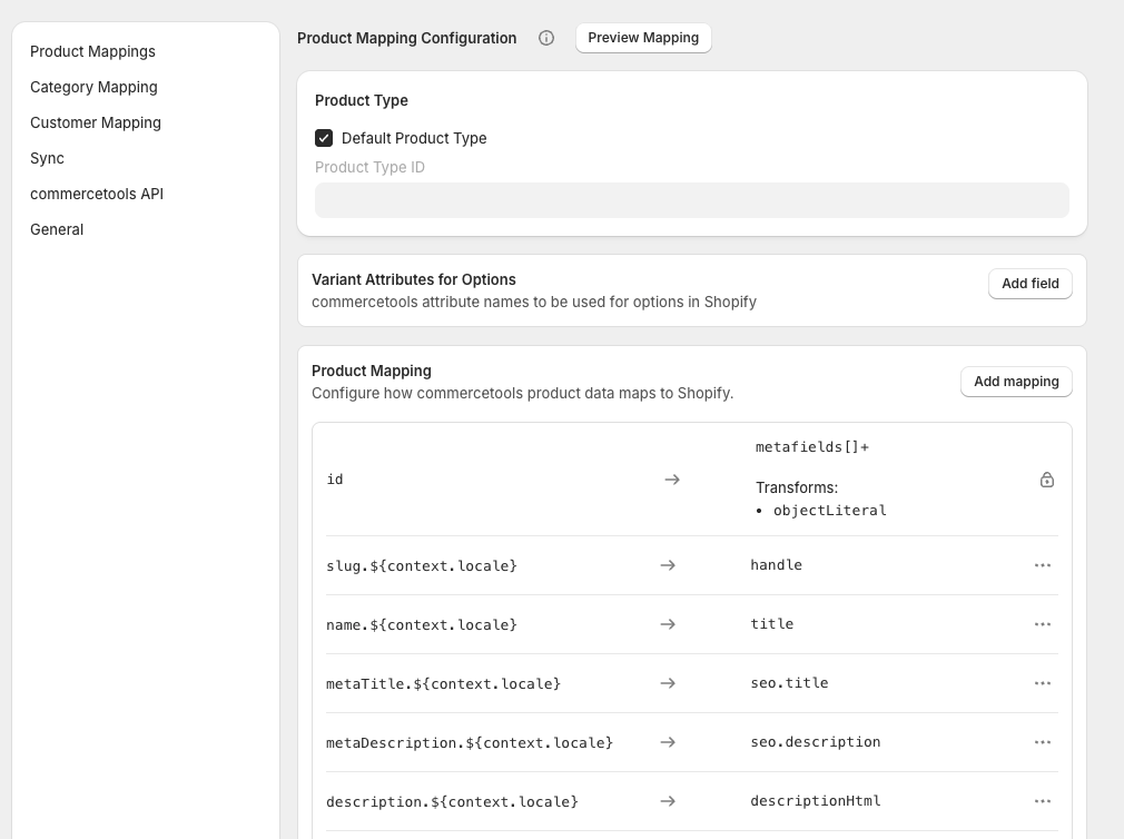 Default product mapping