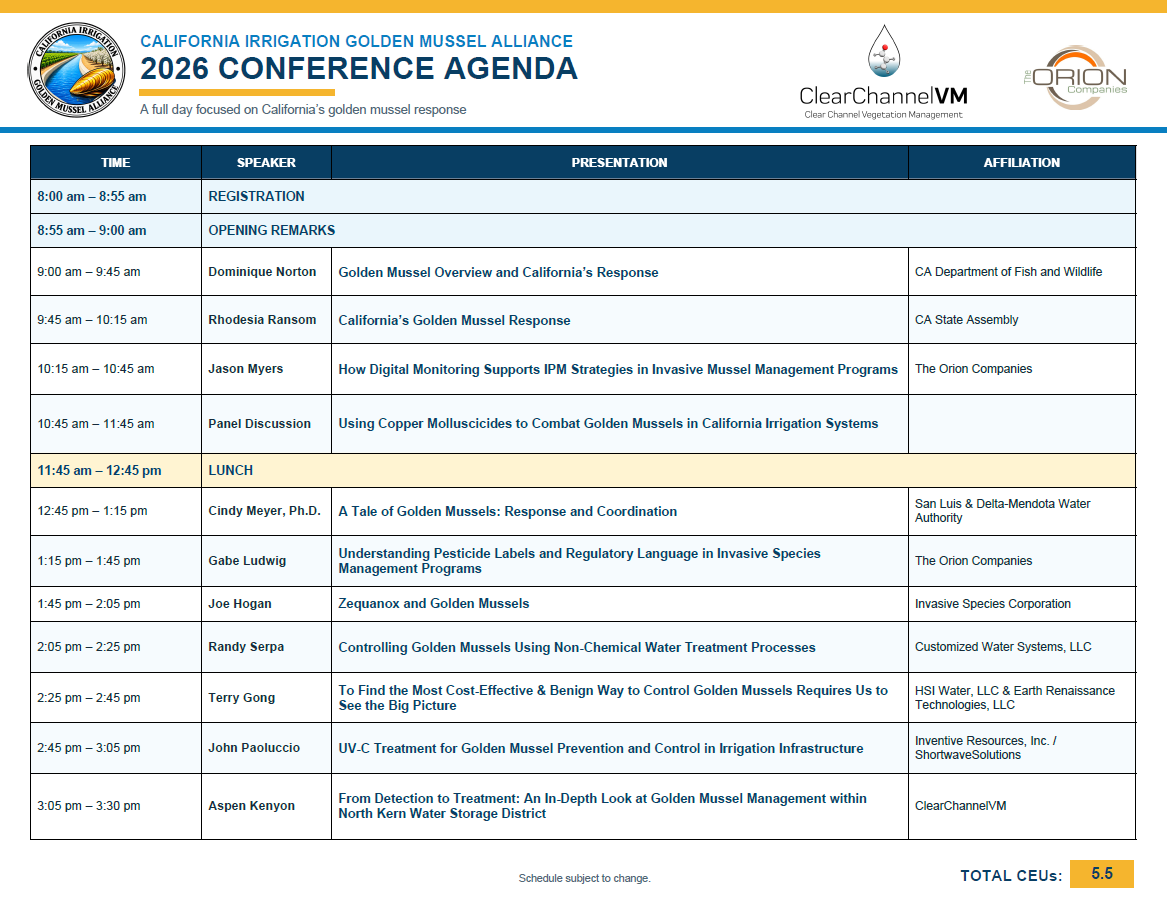 California Irrigation Golden Mussel Alliance 2026 Conference agenda for October 7, 2026