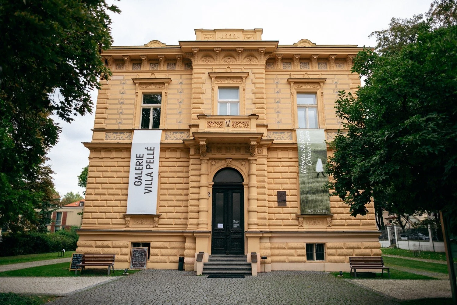 Průčelí Galerie Villa Pellé rámované stromy a trávníkem.