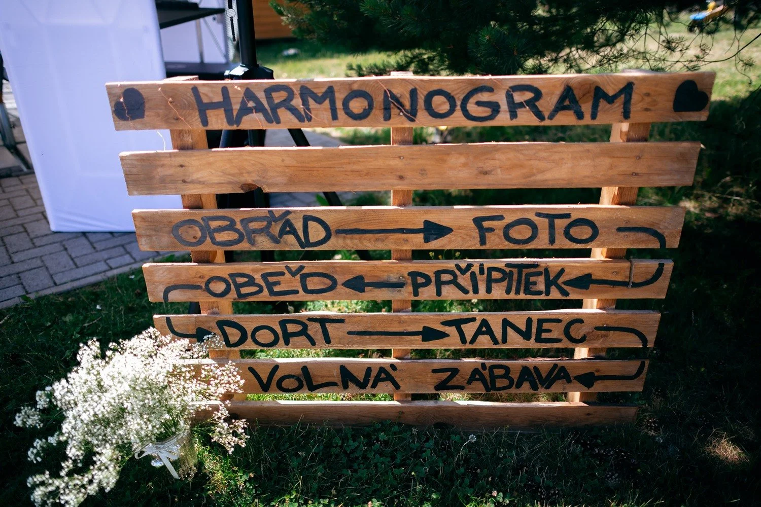 Dřevěný svatební harmonogram se směrovkami stojí v trávě mezi drobnými bílými květy.