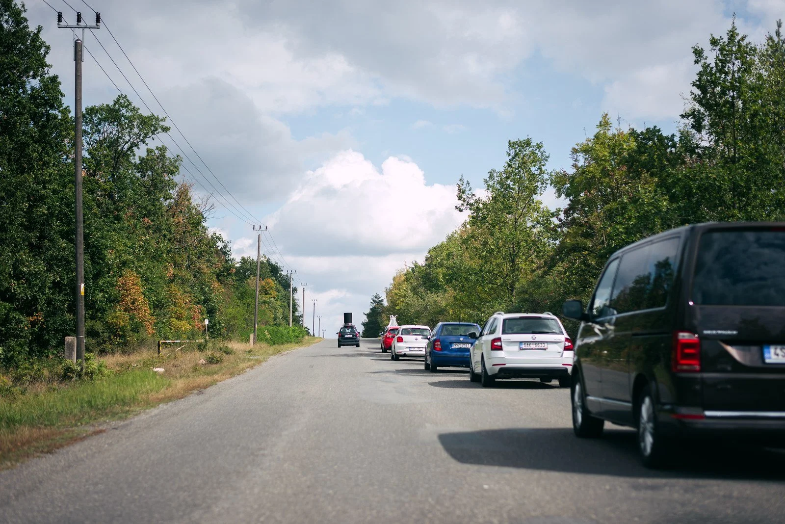 Kolona automobilů projíždí po silnici mezi stromy.