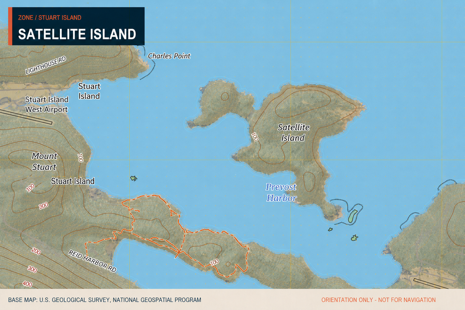 USGS topographic map of Satellite Island within Prevost Harbor beside Stuart Island
