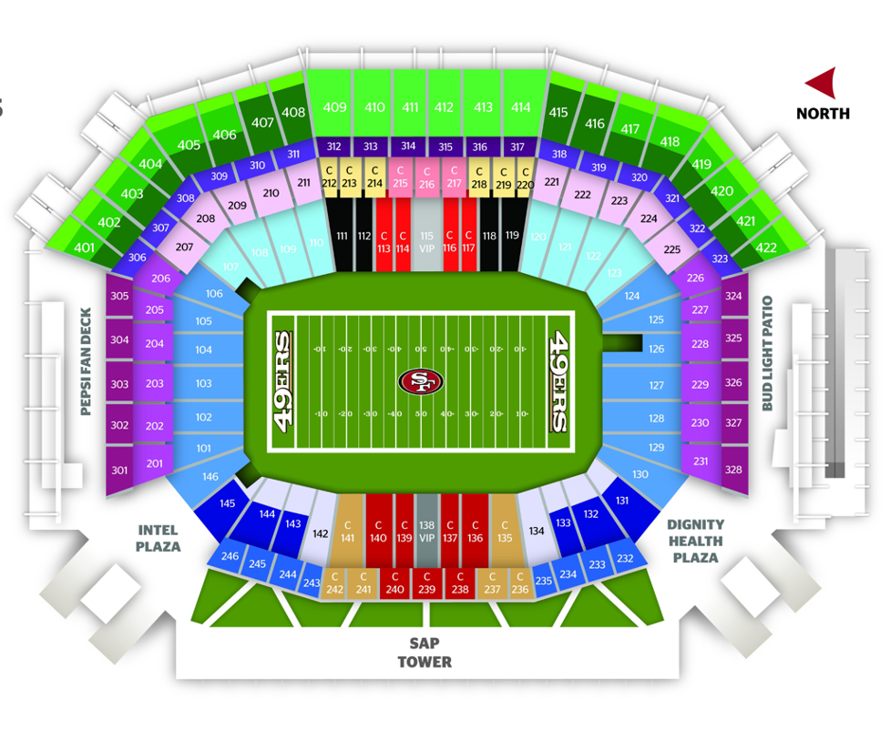 Levi's Stadium Seating Chart and Seat Map - Complete venue layout showing all sections, suites, and seating levels