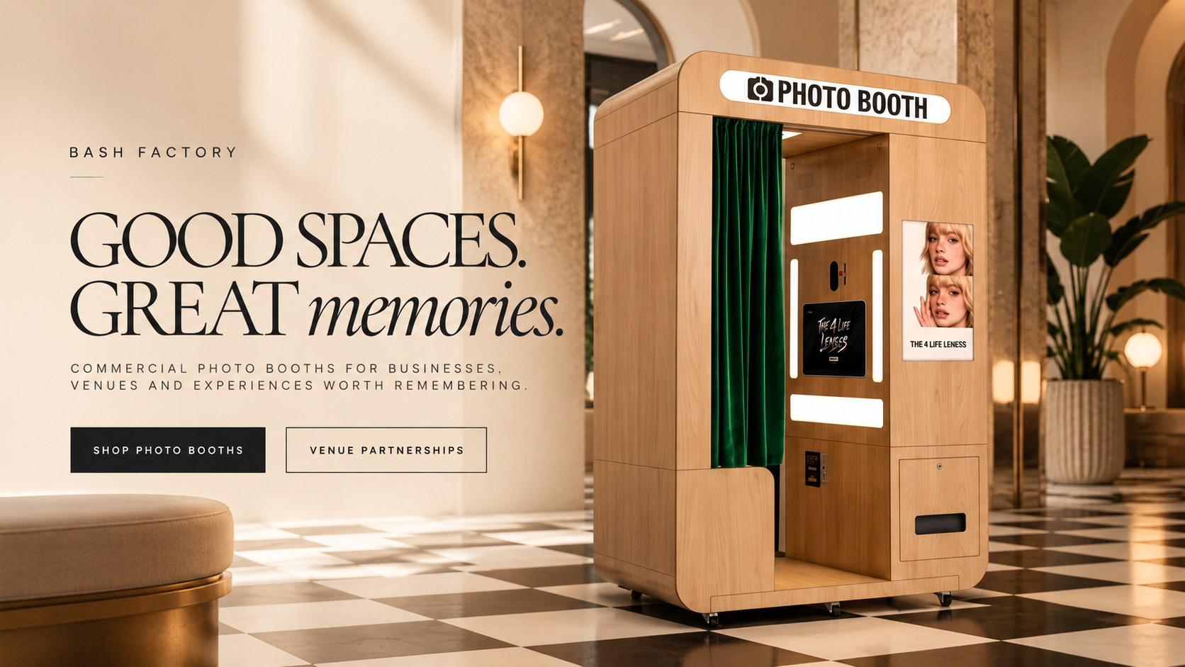 Bash Factory enclosed photo booth with green velvet curtain in a luxury hotel lobby. Good Spaces, Great Memories.
