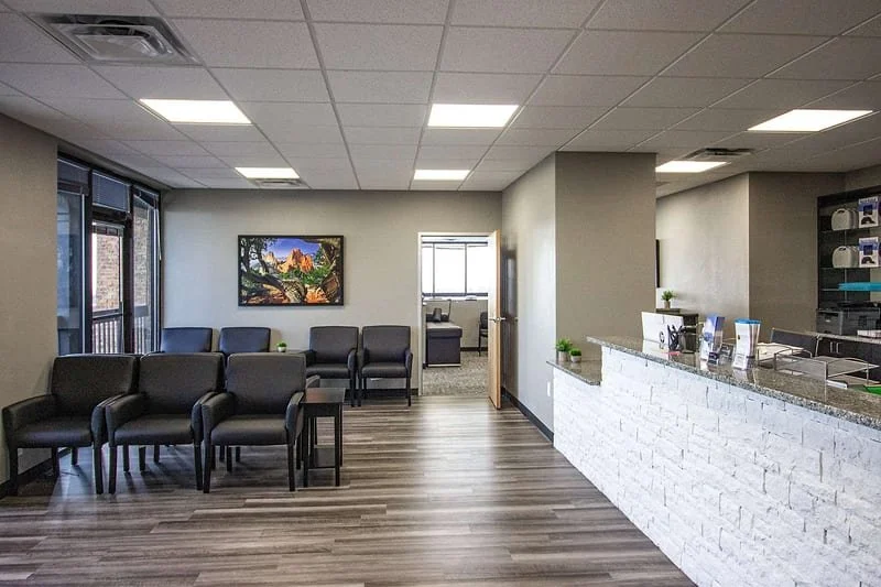 Front desk and waiting area at Mountain View Pain Center Academy, Colorado Springs