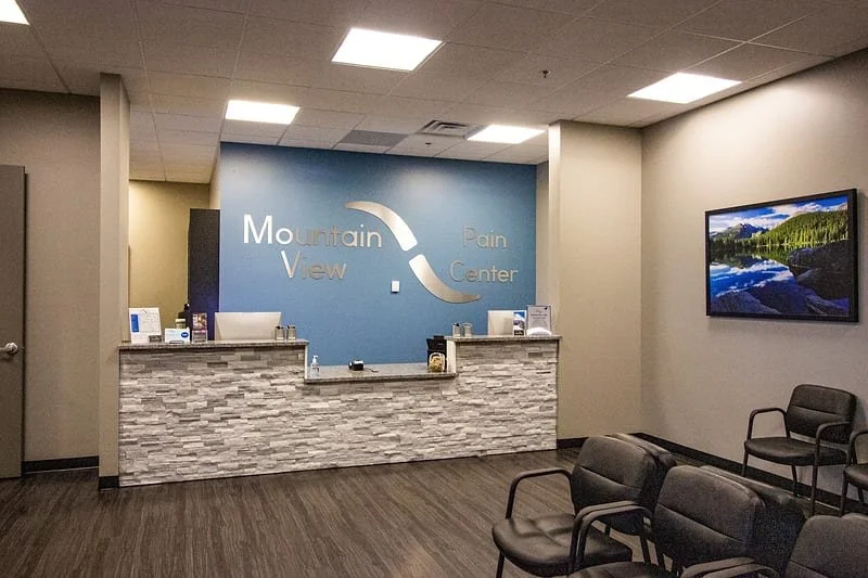 Front desk and waiting area at Mountain View Pain Center InterQuest, Colorado Springs