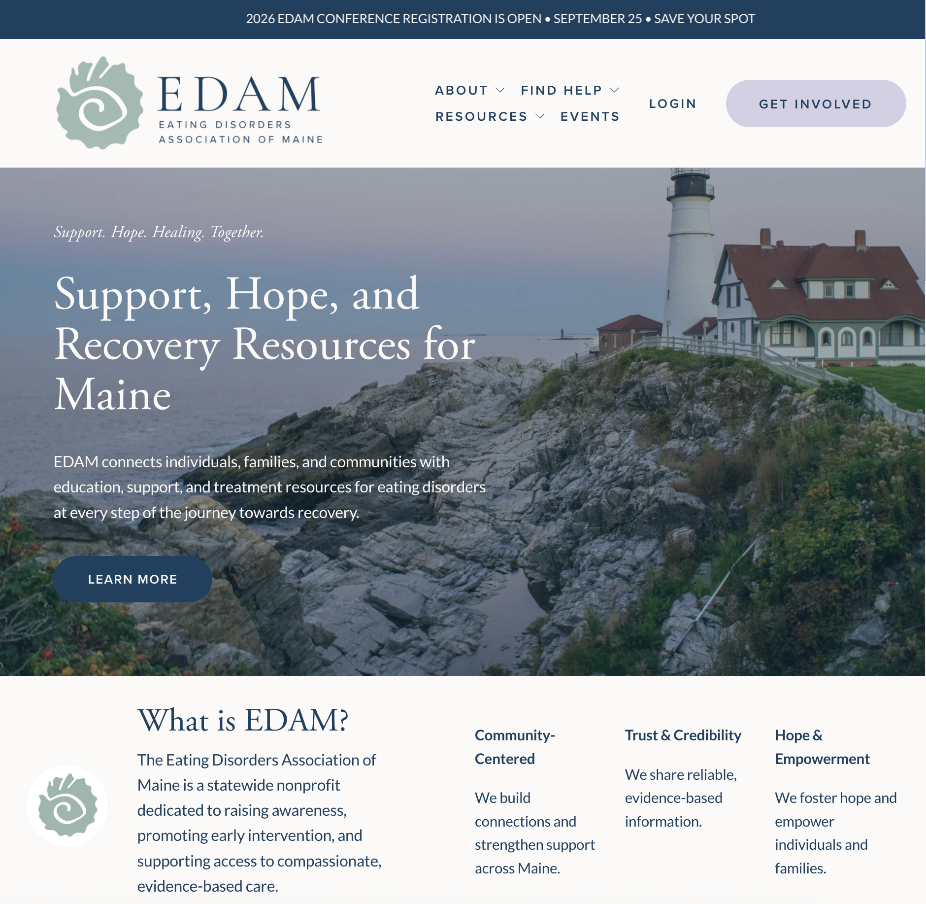 Eating Disorders Association of Maine redesigned website homepage