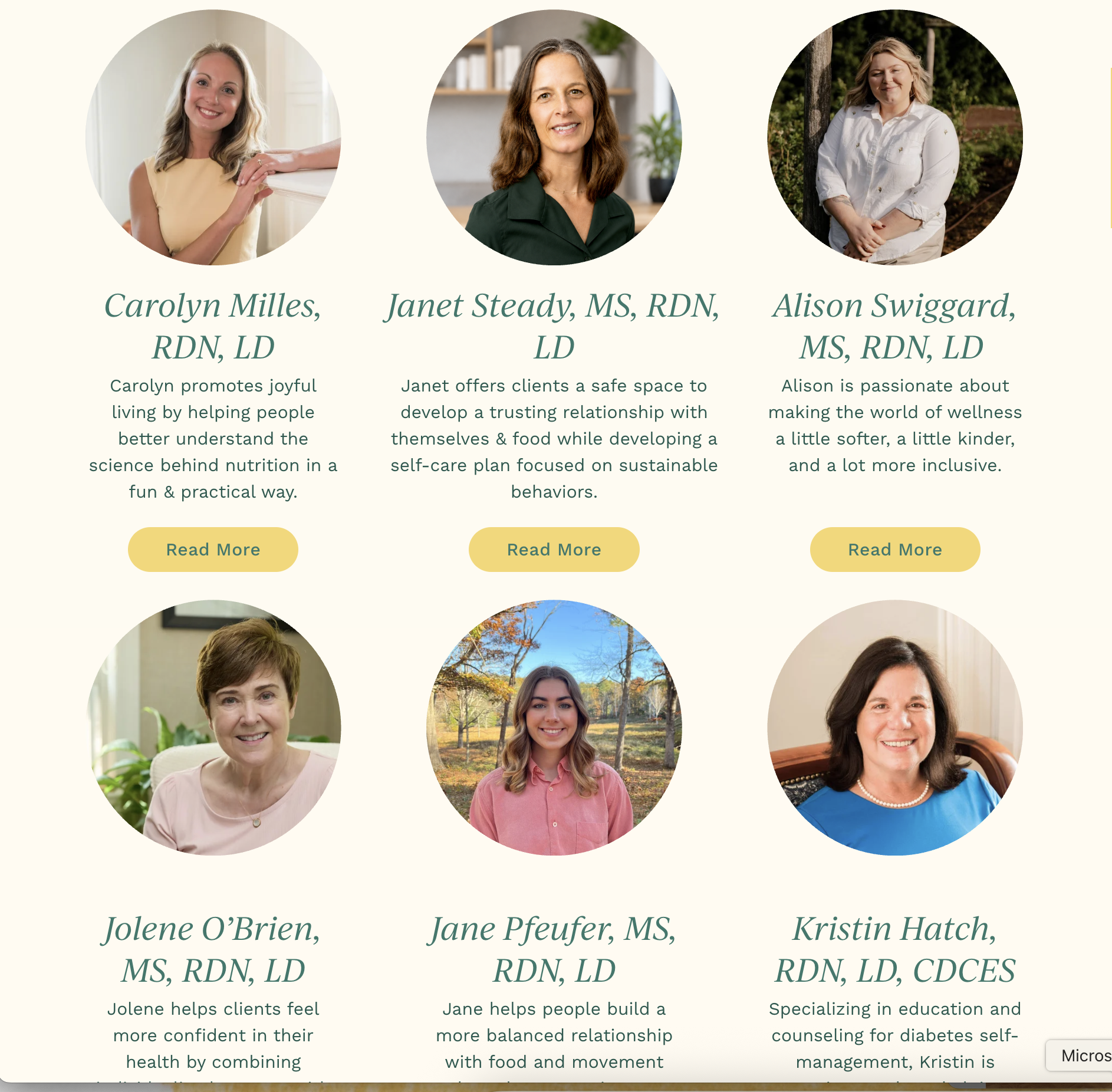 CV Wellbeing dietitian team page showcasing the practice's growing team
