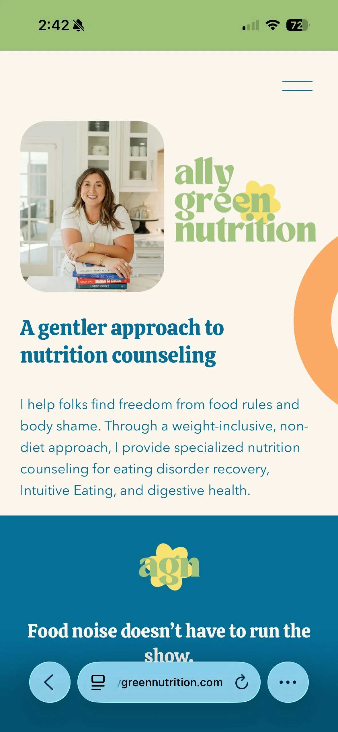 Ally Green Nutrition website displayed on a mobile device