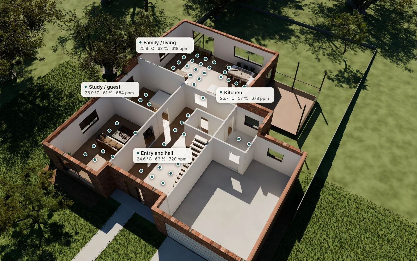 The whole house from above, with measured points and room conditions in each room
