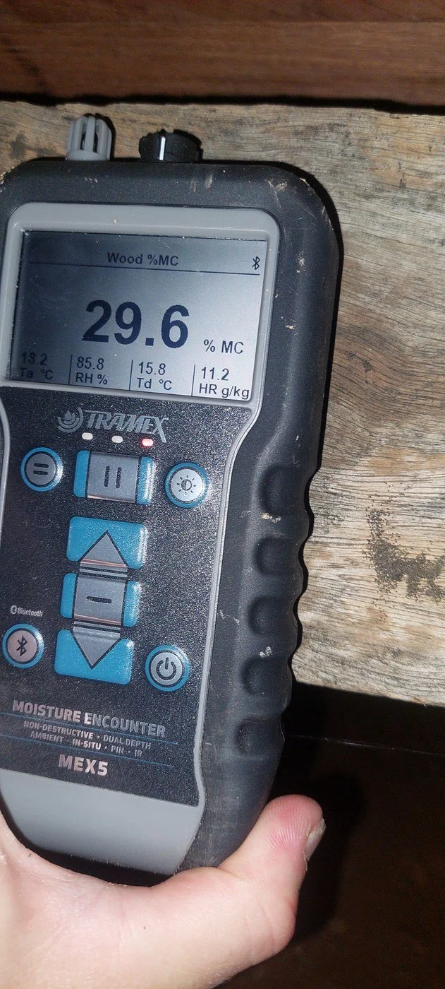 Tramex meter reading 29.6% timber moisture and 85.8% RH under the floor, subfloor moisture assessment